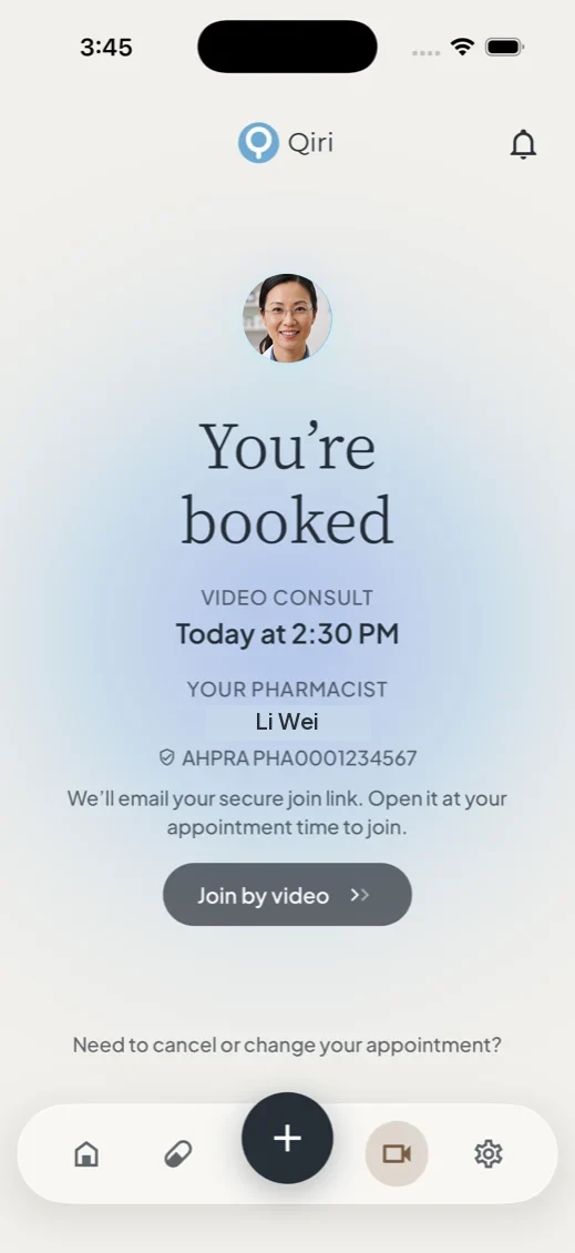 The Qiri patient app showing a booked video consult: the pharmacist's photo, the appointment time, her name, and her AHPRA registration number.